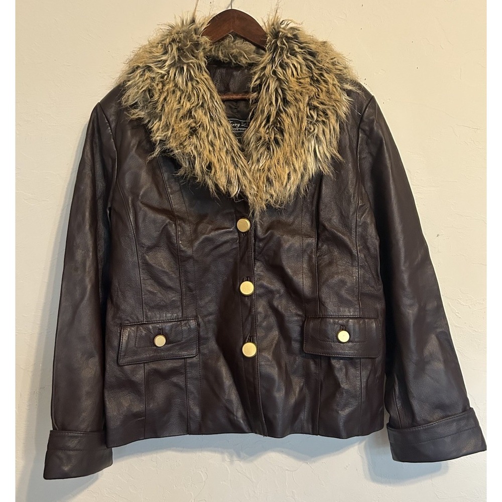 Vintage Y2K 90s Terry Lewis Genuine Leather Jacket Brown Grunge Fur Collar L
